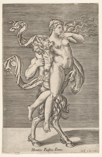 萨提尔背着一个仙女，仙女的右臂绕着萨提尔的脖子，有一个......，约1505-62。 作者 安东尼奥·萨拉曼卡
