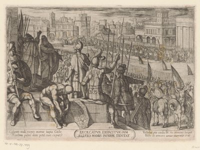 以利沙把瞎了眼睛的叙利亚军队带到以色列国王面前
Excae catur exercitus, dum eliseo manus inferre tentat（物体上的标题）
旧约》中的战斗场面（系列标题） 作者 尼古拉·范·阿尔斯特