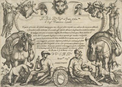 猎手、狗和马的正面插图，来自《狩猎场景VI》，1609年。 作者 安东尼奥·坦佩斯塔