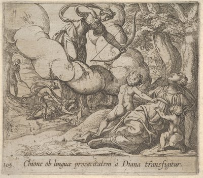 图105：戴安娜（Diana）将弓对准两个孩子陪伴的基昂（Chione），1606年，不是。 作者 安东尼奥·坦佩斯塔