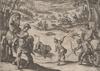 图版11：亚历山大的猎狮，来自《亚历山大大帝事迹》，1608年、 作者 安东尼奥·坦佩斯塔
