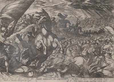 图版11：约书亚命令太阳静止，选自 "The Battles of the Ol..."，约1590-约1610。 作者 安东尼奥·坦佩斯塔