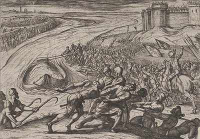 图版12：将装满谷物的船只拉到岸边，来自《罗马人对......的战争》，1611年。 作者 安东尼奥·坦佩斯塔