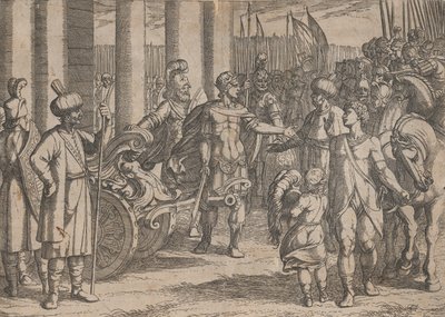 图版2：亚历山大剪断戈尔迪之结，来自《亚历山大大帝的事迹》，1608年、 作者 安东尼奥·坦佩斯塔