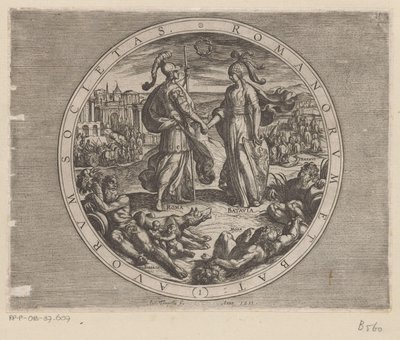 罗马和巴达维亚握手
Romanorum et Batavorum societas（物品上的标题）
巴达维亚人对罗马人的战争（系列标题）
Batavorum cum Romanis Bellum（系列标题） 作者 奥托·范·维恩