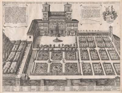 罗马的辉煌》（Speculum Romanae Magnificentiae）：蒙特平西奥宫殿和花园，中......，16世纪中叶至晚期。 作者 安东尼奥·坦佩斯塔