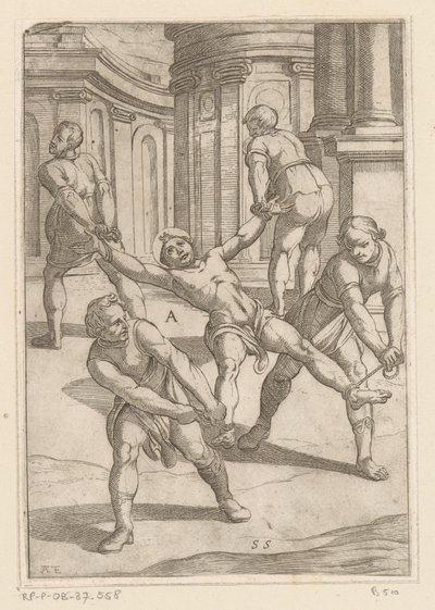 四人拉扯圣徒的四肢
基督教殉教者遭受的酷刑（系列标题）
Varia tormentorum et supplicioru crudelium（......）（系列标题） 作者 安东尼奥·坦佩斯塔
