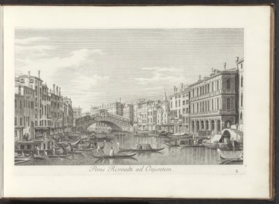 威尼斯大运河和里亚尔托布鲁克的景观
Pons Rivoalti ad Orientem（物品上的标题）
Urbis Venetiarum prospectus celebriores, ex Antonii Canal tabulis XXXVIII aere expressi ab Antonio Vissentini in partes tres distributi. 作者 卡纳莱托