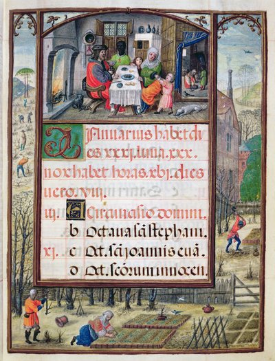 1月份，来自&39;Dom Manuel的小时书&39;的缩影，1517-38（牛皮纸上的蛋彩画） 作者 安东尼奥·德·奥朗达
