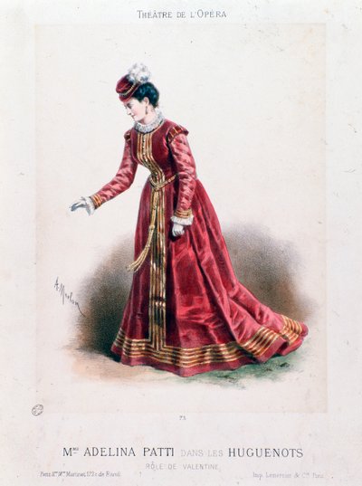 歌手Adeline Patti（1843-1919）作为Les Huguenots歌剧中的情人节画像由Giacomo Meyerbeer（1791-1864）。 作者 安东尼·保罗·埃米尔·莫隆