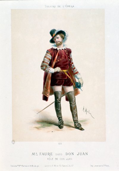 歌手让-巴蒂斯特 (Jean Baptiste) 福雷 (1830-1914) 在巴黎歌剧院演出期间表演沃尔夫冈·阿玛德乌斯·莫扎特 (Wolfgang Amadeus Mozart) (1756-1791) 的同名歌剧唐璜 (Don Giovanni)。 安东尼·莫伦 (Antony Morlon) 的石版画 (1834-1914) 科尔 作者 安东尼·保罗·埃米尔·莫隆