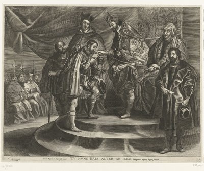 查理五世退位；1635 年斐迪南进入根特（第 25 张）
Carolus Regnis et Imperio se exuit / Tu nunc eris alter ab illo / Philippus II a patre Regna suscipit（物品上的标题） 作者 安东尼范德杜斯