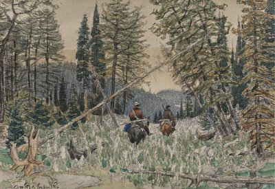在一片松树林中骑马的猎人 作者 阿波利纳里（Apollinari Mikhailovich Vasnetsov）