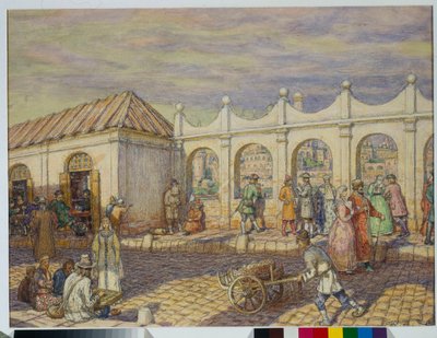 彼得一世大帝统治时期（1672-1725 年）莫斯科石桥（万圣桥）上的街景 - Appolinari Mikhaylovich Vasnetsov（1856-1933 年）的作品 作者 阿波利纳里（Apollinari Mikhailovich Vasnetsov）