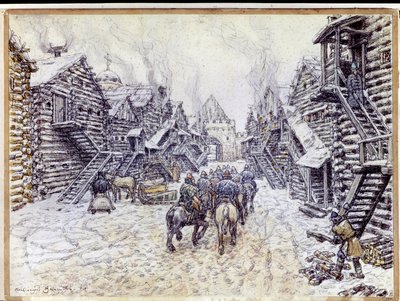 莫斯科老城。雪下的传统木制建筑。Appolinari Mikhaylovich Vasnetsov（1856-1933 年）的作品，纸上水彩和粉笔画 作者 阿波利纳里（Apollinari Mikhailovich Vasnetsov）