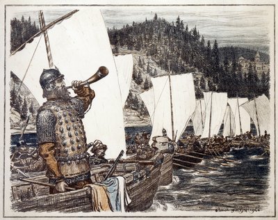 叶尔马克-季莫费耶维奇（约 1540-1585 年）在额尔齐斯河上。1583 年探索和征服西伯利亚的插曲。Appolinari Mikhaylovich Vasnetsov（1856-1933 年）的作品，石版画，1916 年。俄罗斯艺术，20 世纪 作者 阿波利纳里（Apollinari Mikhailovich Vasnetsov）