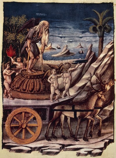 时间的胜利，鹿拉着时间的战车，Apollonio di Giovanni（1415或1417-约1465）的微型画，出自《胜利》，Francesco Petrarca（1304-1374）的寓言诗，手稿1129，对开页42，背面，意大利 作者 阿波罗尼奥·迪·乔瓦尼·迪·托马索