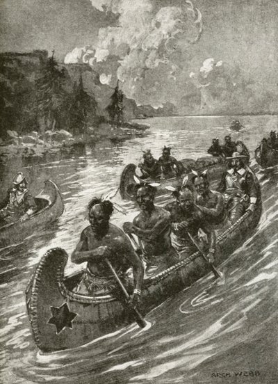 塞缪尔-德-尚普兰于1608年乘坐友好的美国本土印第安人的独木舟登上圣劳伦斯河（石印）。 作者 阿奇博尔德·贝特拉姆（后）韦伯
