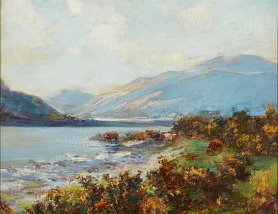 牛群饮水的高地场景（油画板） 作者 阿奇博尔德·凯