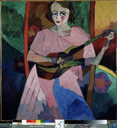 弹吉他的女人》。Aristarkh Vasilyevich Lentulov (Lentoulov) (1882-1943) 的画作，纸上水彩 作者 阿里斯塔克（Aristarkh Vasilievic Lentulov）