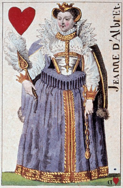 代表阿尔布雷特的圣女贞德（纳瓦拉的琼三世）（1528-1572 年）亨利四世（1553-1610 年）的母亲。 Gustave Houbigant (1789-1862) 19 世纪巴黎 B.N. 制作的扑克牌细节 作者 阿曼·古斯塔夫·霍比甘