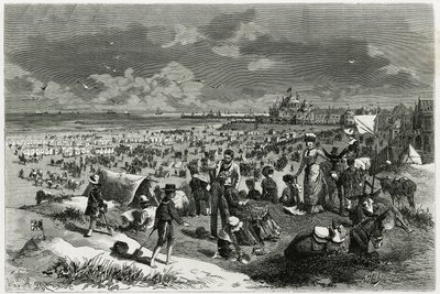 Ostend Beach. Engraving by A.Heins, to illustrate the story “” La Belgique””, by Camille Lemonnier (1844-1913), writer and art critic. Published in the Tour du monde new journal des voyages 作者 阿曼·让·海因斯