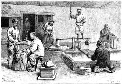 中国的一家造纸厂，1895年。 作者 阿曼·科尔（Armand Kohl）