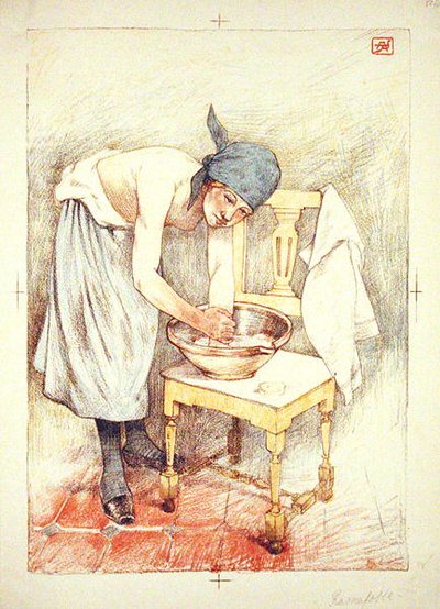 洗衣服的女孩，出自《现代艺术》，1897-99年在巴黎出版（彩色平印）。 作者 阿曼德·拉森福斯