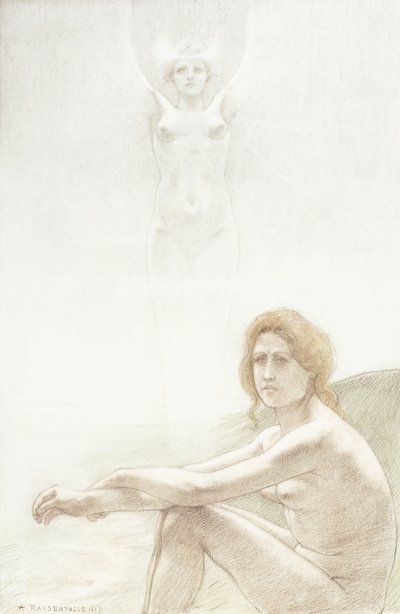 坐着的女性裸体与背景中的幽灵般的女性形象 作者 阿曼德·拉森福斯