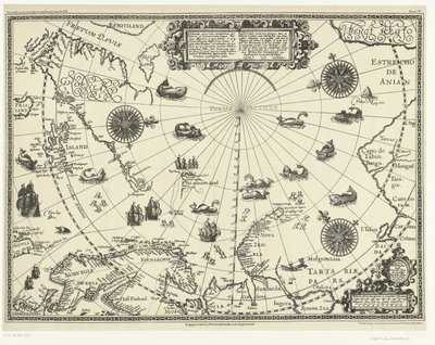 显示荷兰人三次航行的北极圈周边国家地图，1598 年
Beschrijvinghe van de drie seylagien door de Hollanders gedaen ande Noordt syde van Noorweghen, Moscovia, nova Sembla, en door het deel van Groenlandt op de 80. 作者 威廉·巴伦兹。