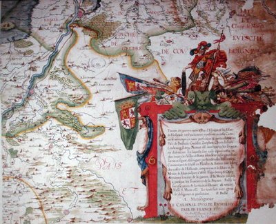献给红衣主教黎塞留（1585-1642年）的插图，以及三十年战争（1618-48年）时的低地国家地图，出自《西班牙国王和奥朗德国家之间的战争剧场》，被称为 "黎塞留地图集"（Col. 作者 阿诺德·弗洛朗·范·朗伦