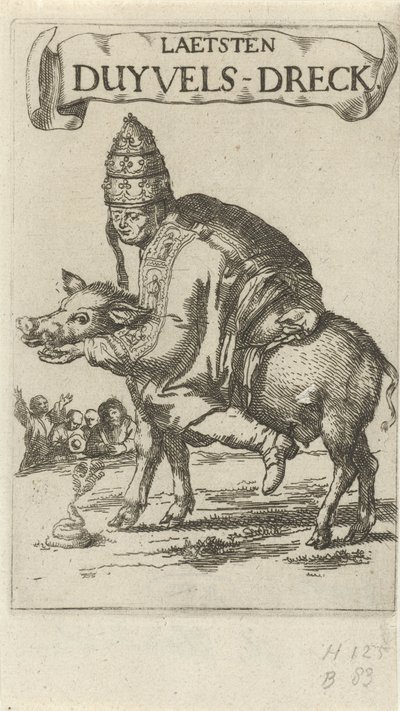 猪身上的教皇
扉页为J. Lydius，Laetsten duyvels-dreck，1687 年 作者 西蒙·翁德·德·林德