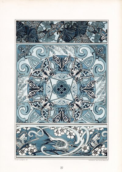 蓝白装饰图案与蝴蝶和小鸟（石版画） 作者 阿诺德·林润（Arnold Lyongrun）