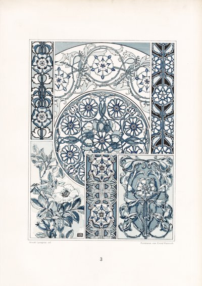 蓝白野玫瑰图案和装饰结构（石版画） 作者 阿诺德·林润（Arnold Lyongrun）