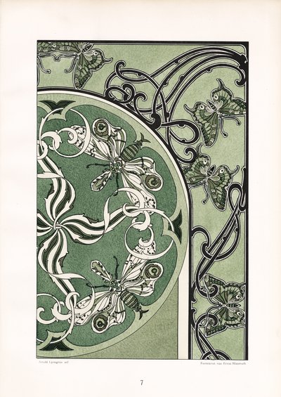 绿色装饰构图中的昆虫图案（石版画） 作者 阿诺德·林润（Arnold Lyongrun）