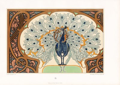 新艺术装饰框架中的孔雀（石版画） 作者 阿诺德·林润（Arnold Lyongrun）