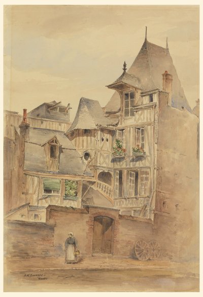 素描，有中世纪房屋的街景，约 1885 年 作者 阿诺德威廉布伦纳