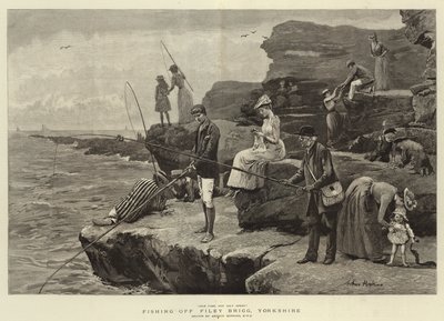 约克郡 Filey Brigg 钓鱼（雕刻） 作者 亚瑟（后）霍普金斯