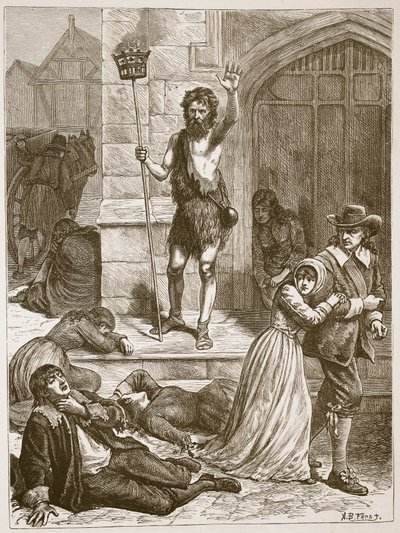 疯狂在大瘟疫期间宣告伦敦的厄运，插图来自&39;卡塞尔的英国插图历史&39;（棕褐色照片） 作者 亚瑟·伯迪特·弗罗斯特