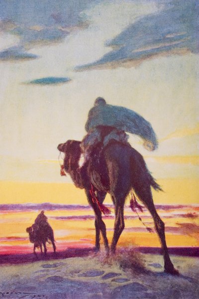 《穆罕默德飞往麦地那》，插图来自 H.G. 威尔斯的《历史纲要》，第二卷，1920 年出版（彩色平版印刷） 作者 亚瑟 C.（后）迈克尔