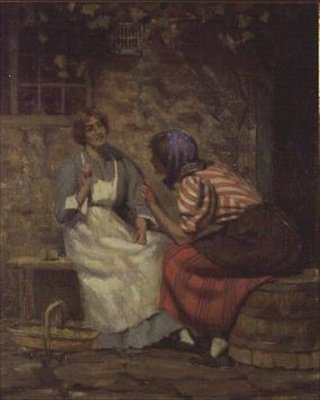 丑闻，两个女孩在小屋外闲聊 作者 亚瑟克劳德库克