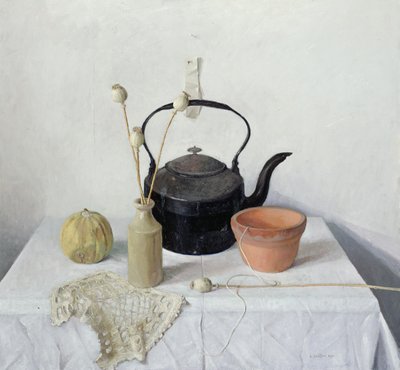 水壶，Poppyheads和葫芦，静物，1990 作者 Arthur Easton