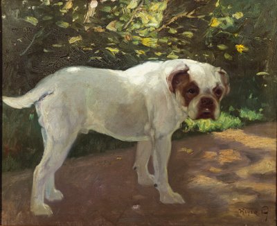 斗牛犬在花园的小路上（布面油画） 作者 亚瑟·海耶（Arthur Heyer）