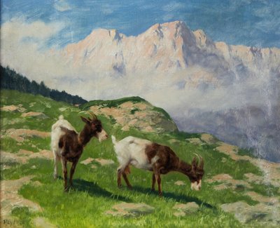 亚瑟-海耶山间风景中的山羊 作者 亚瑟·海耶（Arthur Heyer）