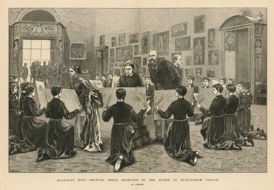 蓝色外套男孩在白金汉宫向女王展示他们的图纸 作者 Arthur Hopkins