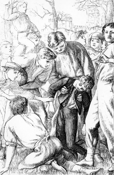 汤姆在足球界的第一次利用，来自托马斯·休斯（1822-96）的“汤姆布朗的学校日”插图，1869年版 作者 亚瑟·休斯