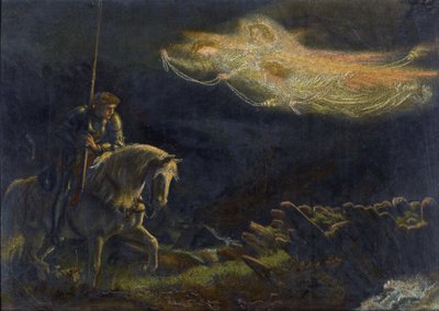 加拉哈德爵士。 圣格拉尔之夜 加拉哈德爵士。 亚瑟·休斯 (Arthur Hughes) 的圣杯探索 (1832-1915) - 木板油画，30,5x43 - 私人收藏 作者 亚瑟·休格斯