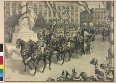 1897 年威廉二世皇帝和弗朗茨-约瑟夫一世皇帝在布达佩斯的移动（铅笔画） 作者 亚瑟·拉霍斯·哈尔米