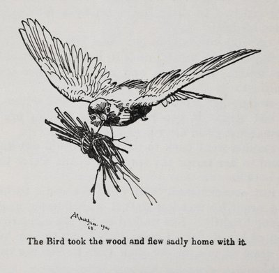 一只鸟叼着一捆树枝。 作者 亚瑟·拉克汉姆（Arthur Rackham）