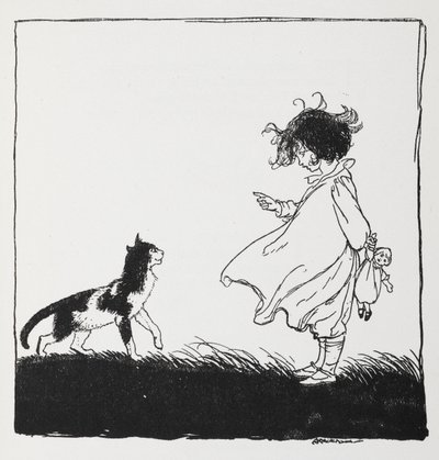一个抱着洋娃娃的女孩向她的猫告状。 作者 亚瑟·拉克汉姆（Arthur Rackham）